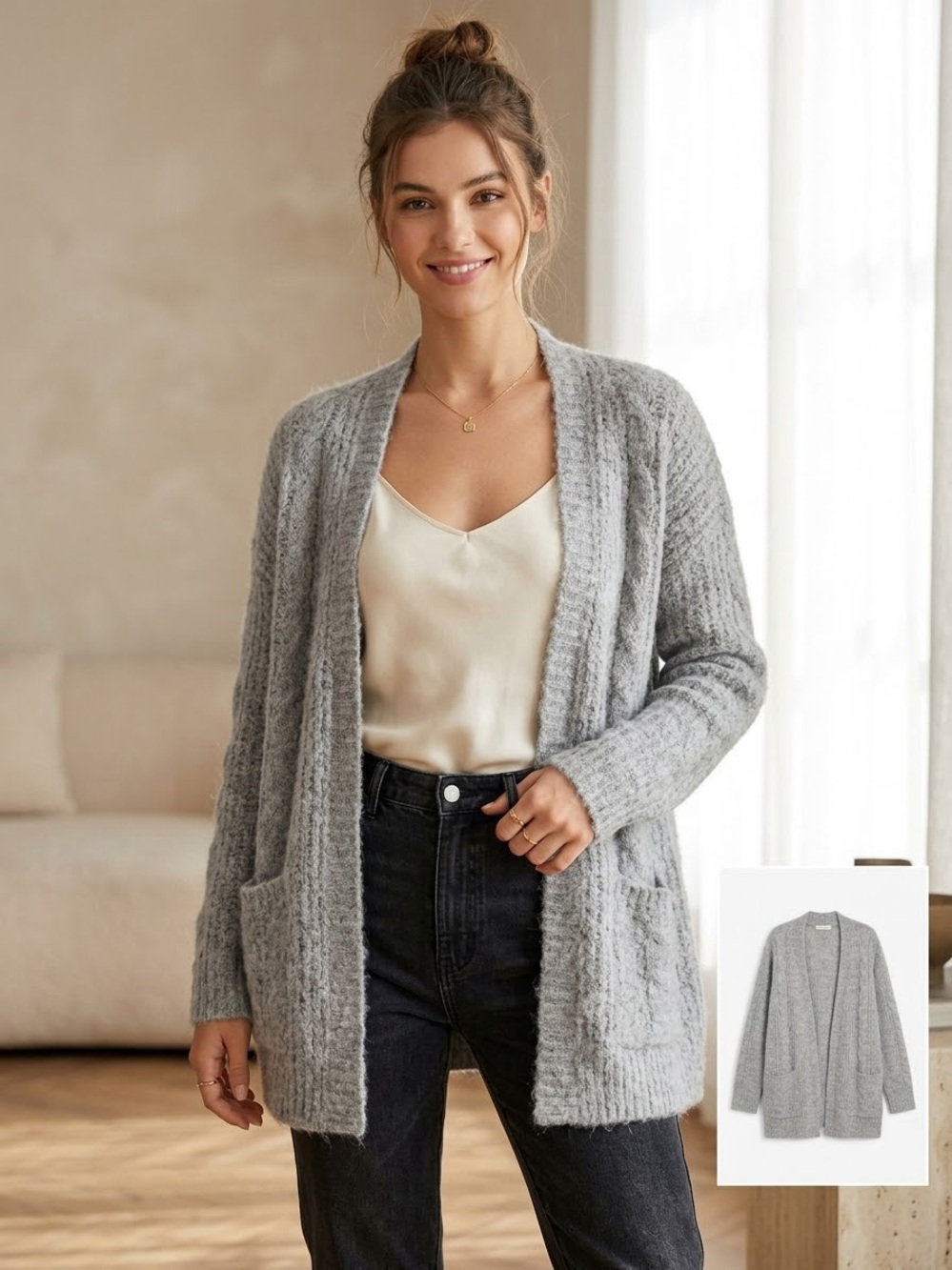 Free People Grey Alpaca Blend Open Front Knit Cardigan Sweater Size Large